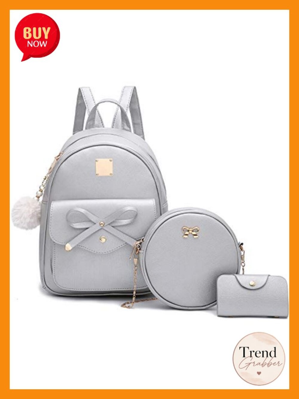 Faux Leather Bowknot 3-Piece Backpack Purse Rucksack for Women